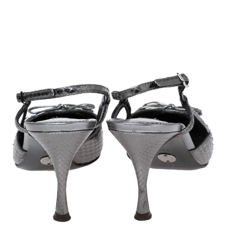 Pre Owned Dolce & Gabbana Metallic Grey Snakeskin bow Slingback Sandals Size 36.5 
