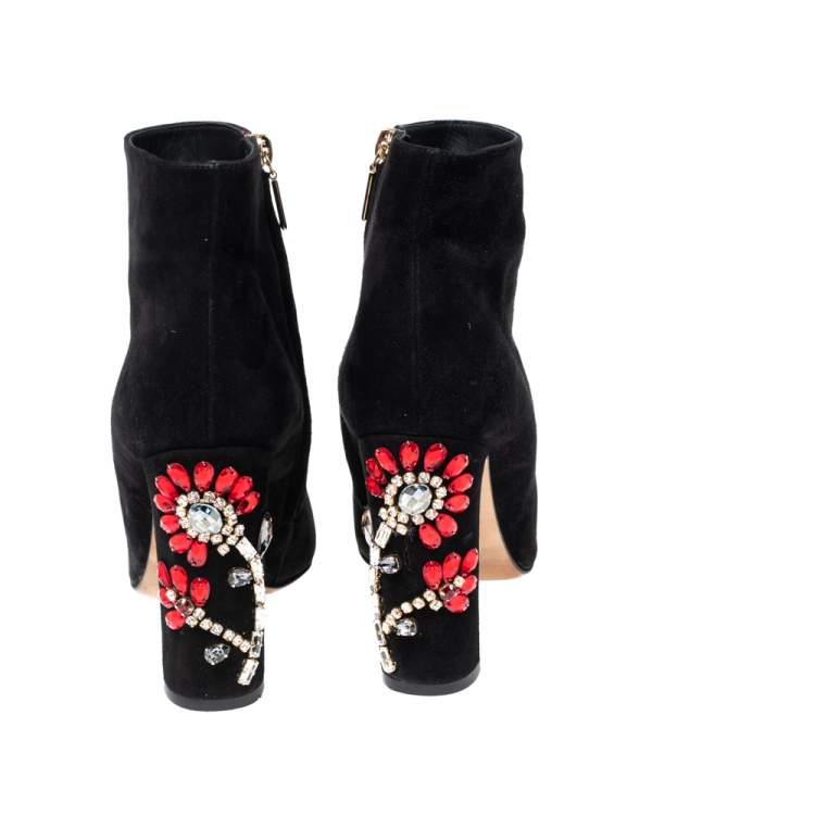 Pre Owned Dolce & Gabbana Black Suede Jewel Embellished Heel Ankle Boots Size 39