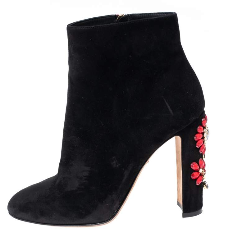 Dolce Gabbana Black Suede Jewel Embellished Heel Ankle Boots Size 39 Dolce Gabbana TLC