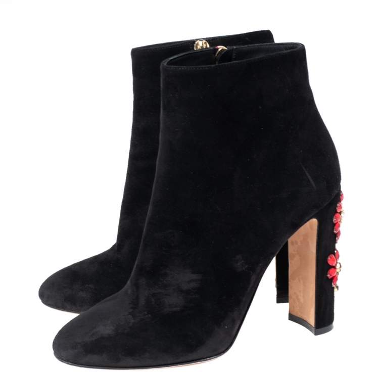 Pre Owned Dolce & Gabbana Black Suede Jewel Embellished Heel Ankle Boots Size 39