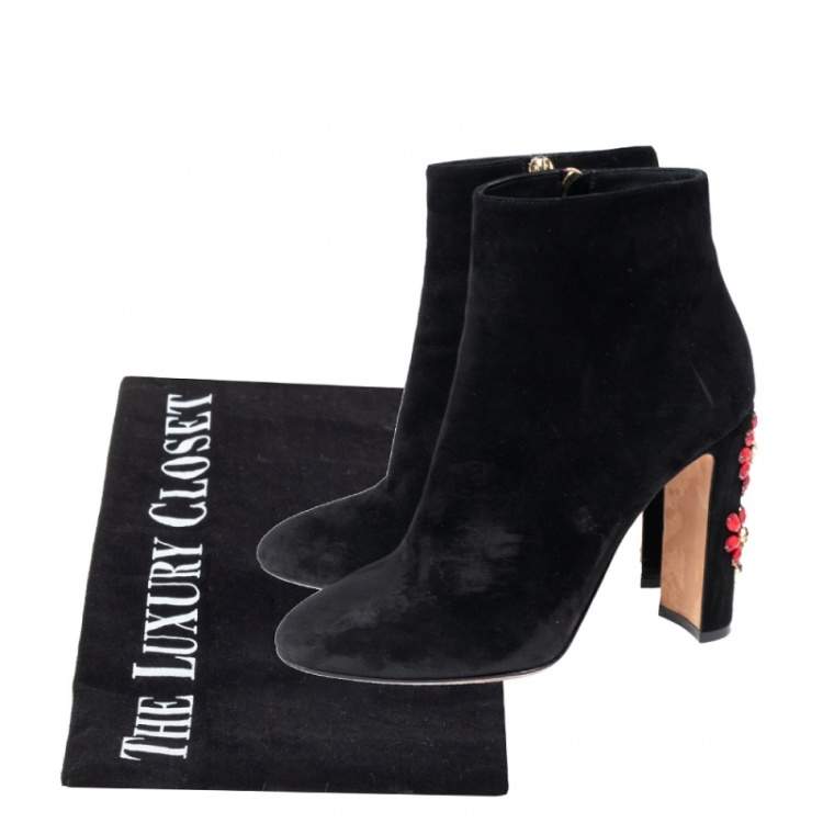 Pre Owned Dolce & Gabbana Black Suede Jewel Embellished Heel Ankle Boots Size 39