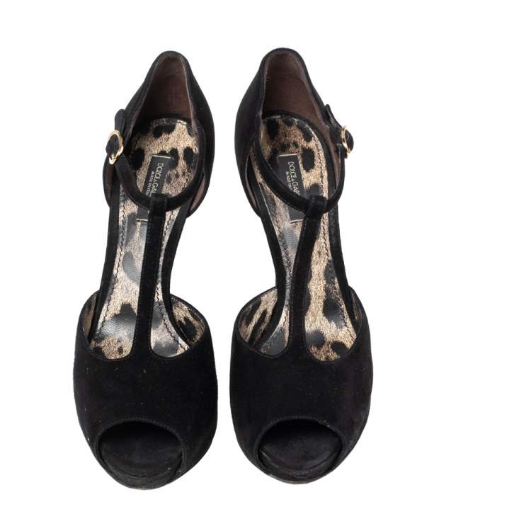 Pre Owned Dolce & Gabbana Black Suede T-Bar Peep-Toe Platform Sandals Size 36.5 