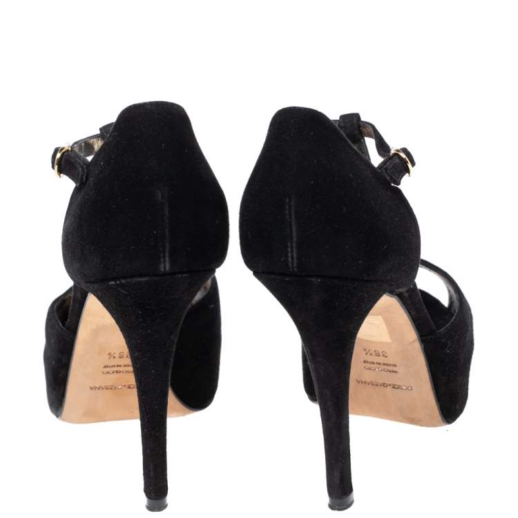 Pre Owned Dolce & Gabbana Black Suede T-Bar Peep-Toe Platform Sandals Size 36.5 