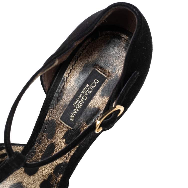 Pre Owned Dolce & Gabbana Black Suede T-Bar Peep-Toe Platform Sandals Size 36.5 