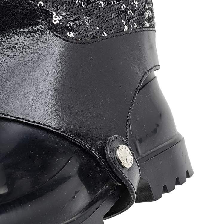 Pre Owned Dolce & Gabbana Black Rubber And Leather Sequins Embellished Wellington Rubber Rain Boots Size 38