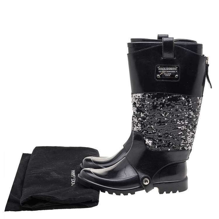 Pre Owned Dolce & Gabbana Black Rubber And Leather Sequins Embellished Wellington Rubber Rain Boots Size 38