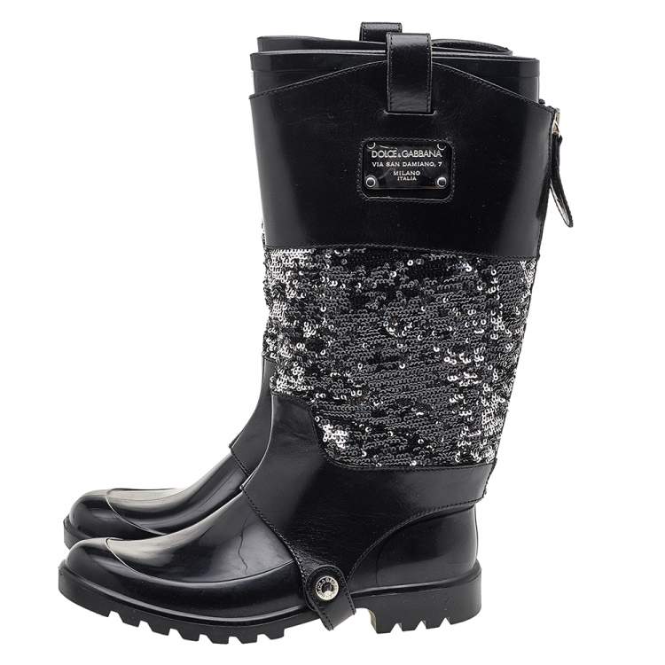 Pre Owned Dolce & Gabbana Black Rubber And Leather Sequins Embellished Wellington Rubber Rain Boots Size 38