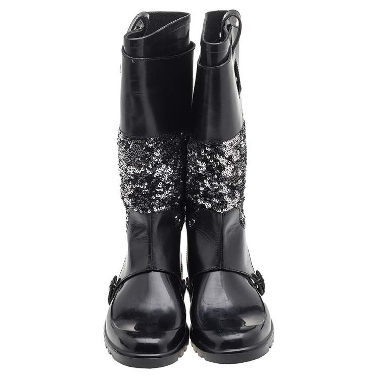 Pre Owned Dolce & Gabbana Black Rubber And Leather Sequins Embellished Wellington Rubber Rain Boots Size 38