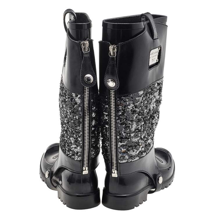 Pre Owned Dolce & Gabbana Black Rubber And Leather Sequins Embellished Wellington Rubber Rain Boots Size 38