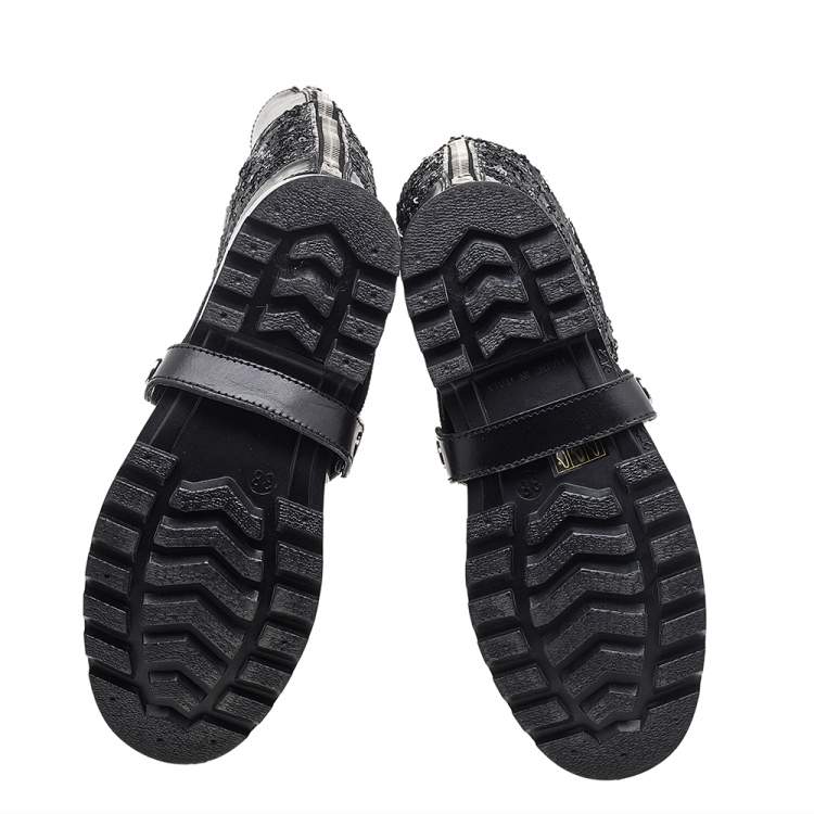 Pre Owned Dolce & Gabbana Black Rubber And Leather Sequins Embellished Wellington Rubber Rain Boots Size 38
