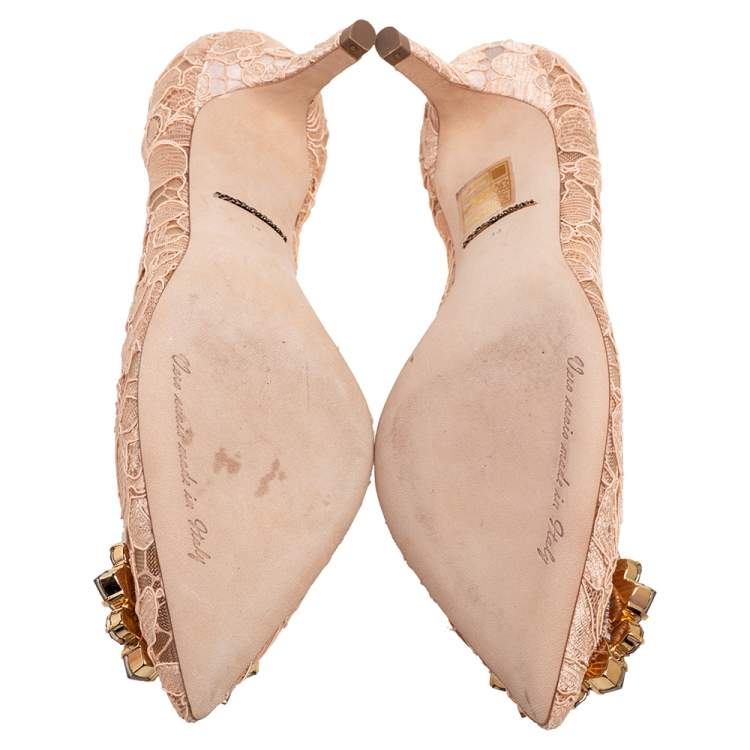 Pre Owned Dolce & Gabbana Peach Pink Lace Bellucci Pumps Size 34