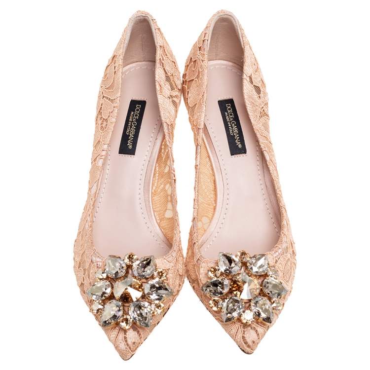 Pre Owned Dolce & Gabbana Peach Pink Lace Bellucci Pumps Size 34