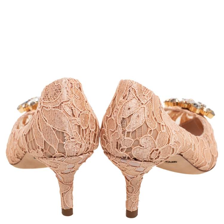 Pre Owned Dolce & Gabbana Peach Pink Lace Bellucci Pumps Size 34