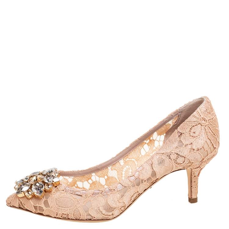 Pre Owned Dolce & Gabbana Peach Pink Lace Bellucci Pumps Size 34