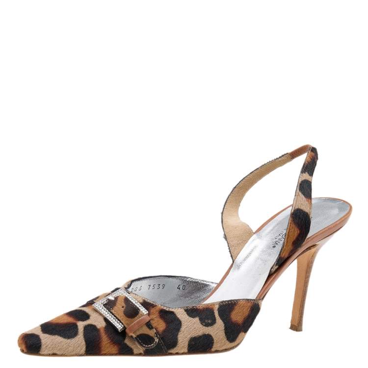 Pre Owned Dolce & Gabbana Brown/Beige Calf Hair Embellished Buckle Slingback Sandals Size 40
