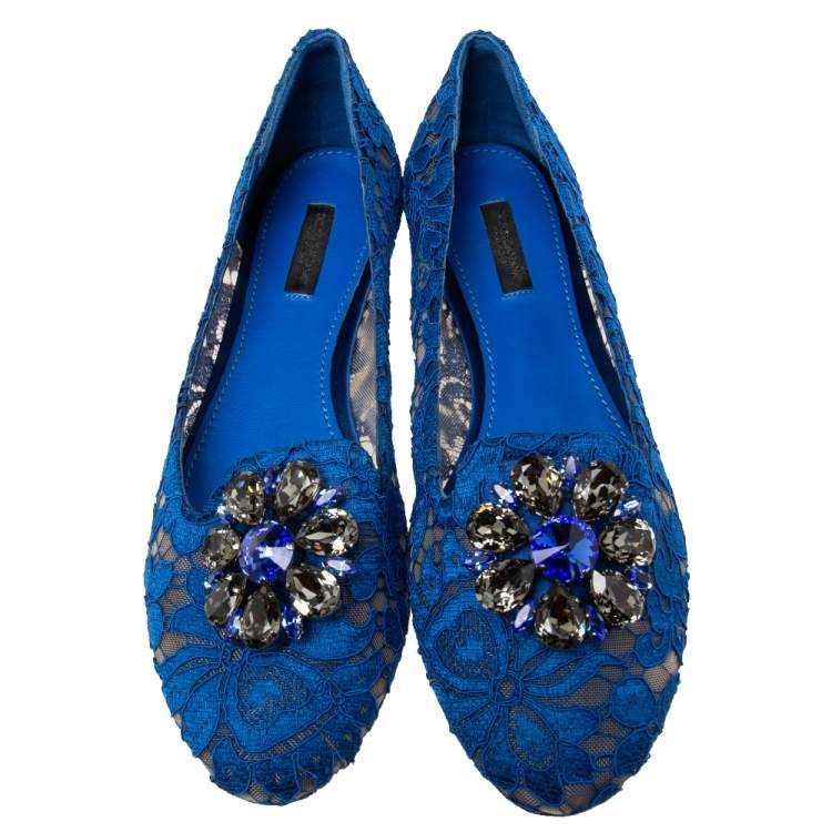 Pre Owned Dolce & Gabbana Royal Blue Lace Taormina Ballet Flats Size 39