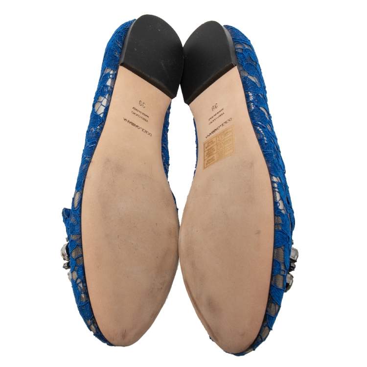 Pre Owned Dolce & Gabbana Royal Blue Lace Taormina Ballet Flats Size 39