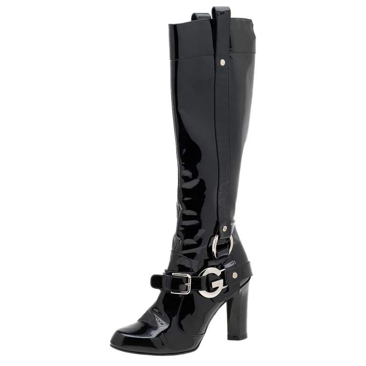 Dolce & Gabbana Black Patent Leather DG Logo Knee Length