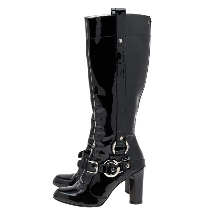 Pre Owned Dolce & Gabbana Black Patent Leather DG Logo Knee Length Boots Size 39.5