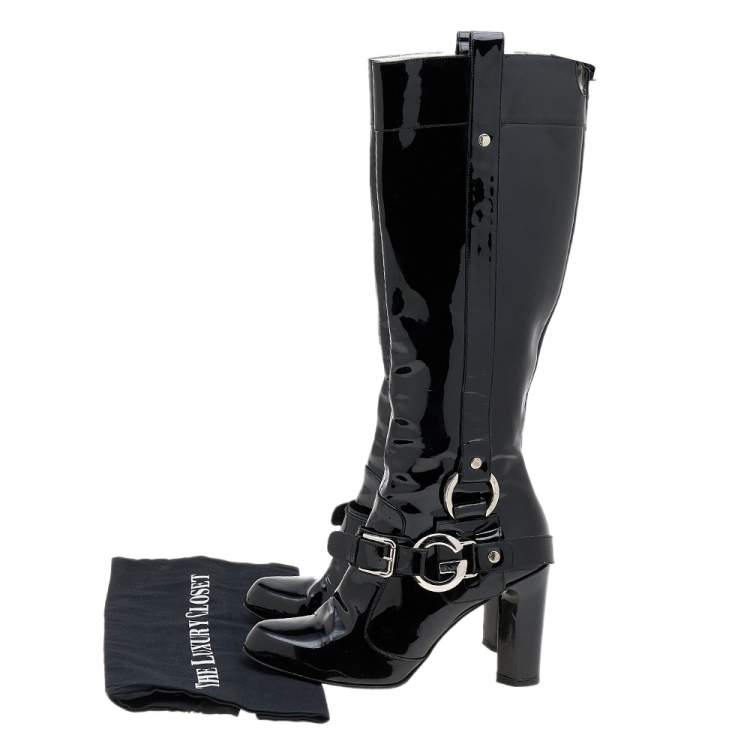Pre Owned Dolce & Gabbana Black Patent Leather DG Logo Knee Length Boots Size 39.5