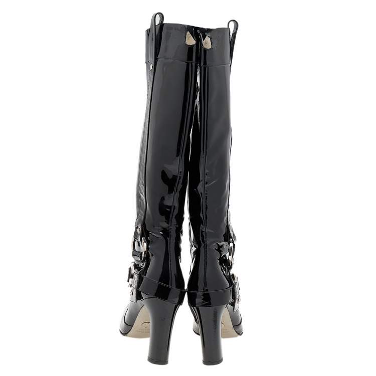 Pre Owned Dolce & Gabbana Black Patent Leather DG Logo Knee Length Boots Size 39.5