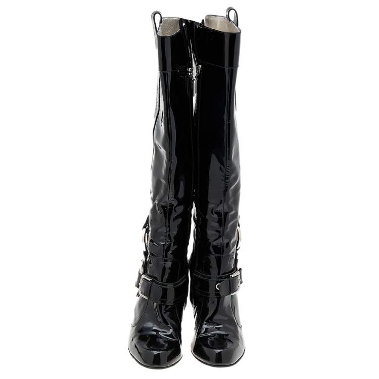 Pre Owned Dolce & Gabbana Black Patent Leather DG Logo Knee Length Boots Size 39.5