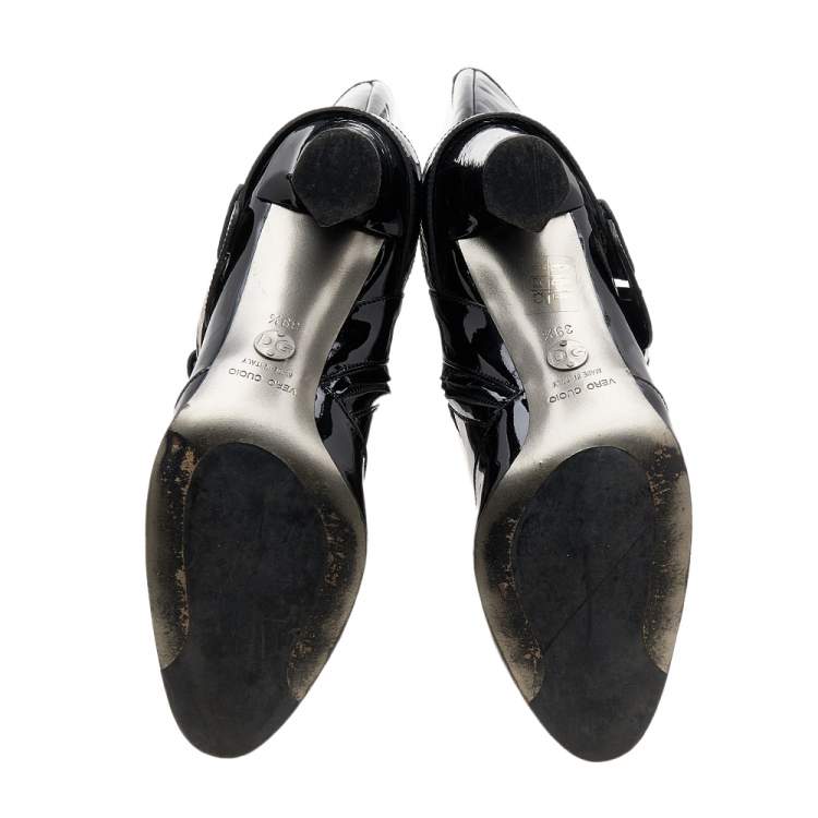 Pre Owned Dolce & Gabbana Black Patent Leather DG Logo Knee Length Boots Size 39.5