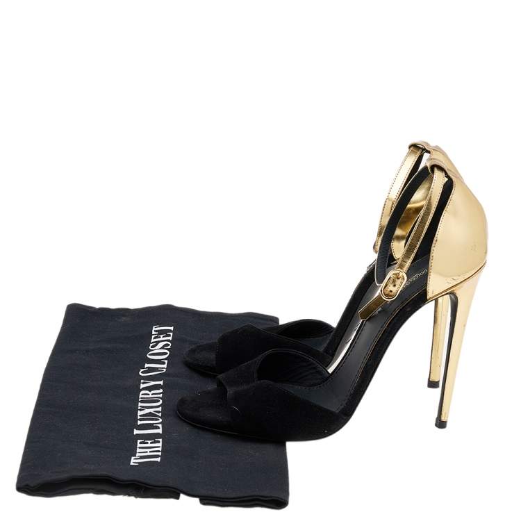 Pre Owned Dolce & Gabbana Black/Gold Suede And Leather Ankle Cuff Sandals Size 38
