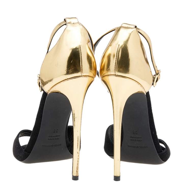 Pre Owned Dolce & Gabbana Black/Gold Suede And Leather Ankle Cuff Sandals Size 38