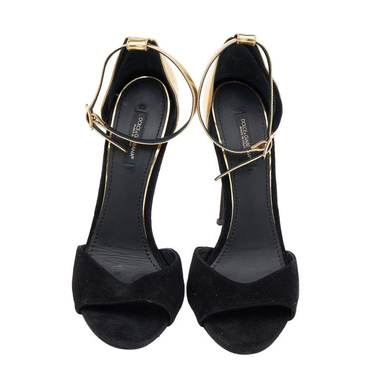 Pre Owned Dolce & Gabbana Black/Gold Suede And Leather Ankle Cuff Sandals Size 38
