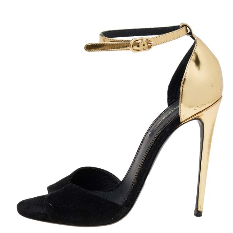 Pre Owned Dolce & Gabbana Black/Gold Suede And Leather Ankle Cuff Sandals Size 38