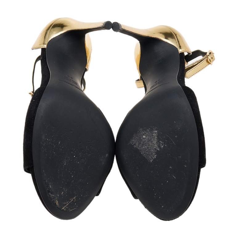 Pre Owned Dolce & Gabbana Black/Gold Suede And Leather Ankle Cuff Sandals Size 38