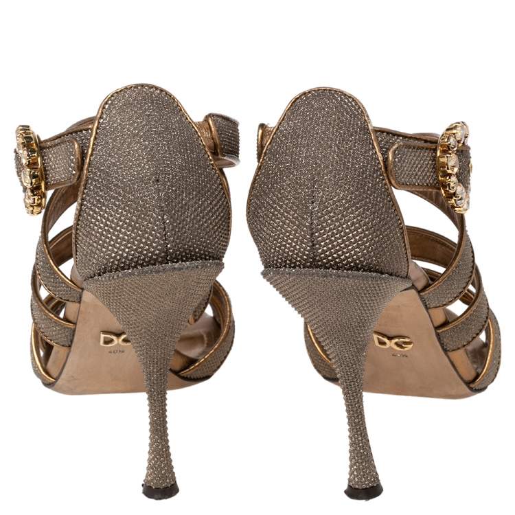 Pre Owned Dolce & Gabbana Metallic Gold Glitter And Leather Strappy Sandals Size 40.5