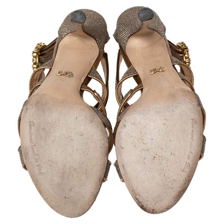 Pre Owned Dolce & Gabbana Metallic Gold Glitter And Leather Strappy Sandals Size 40.5