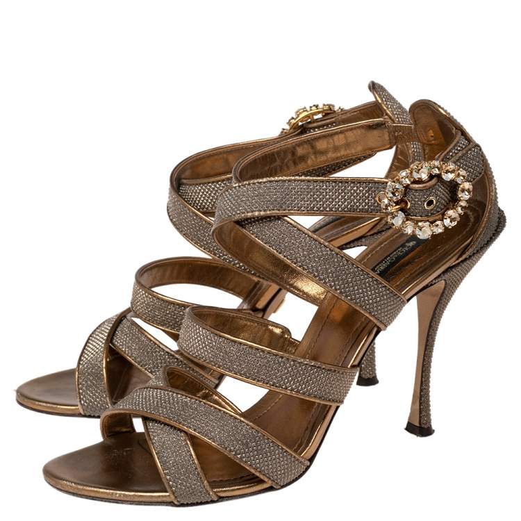 Pre Owned Dolce & Gabbana Metallic Gold Glitter And Leather Strappy Sandals Size 40.5