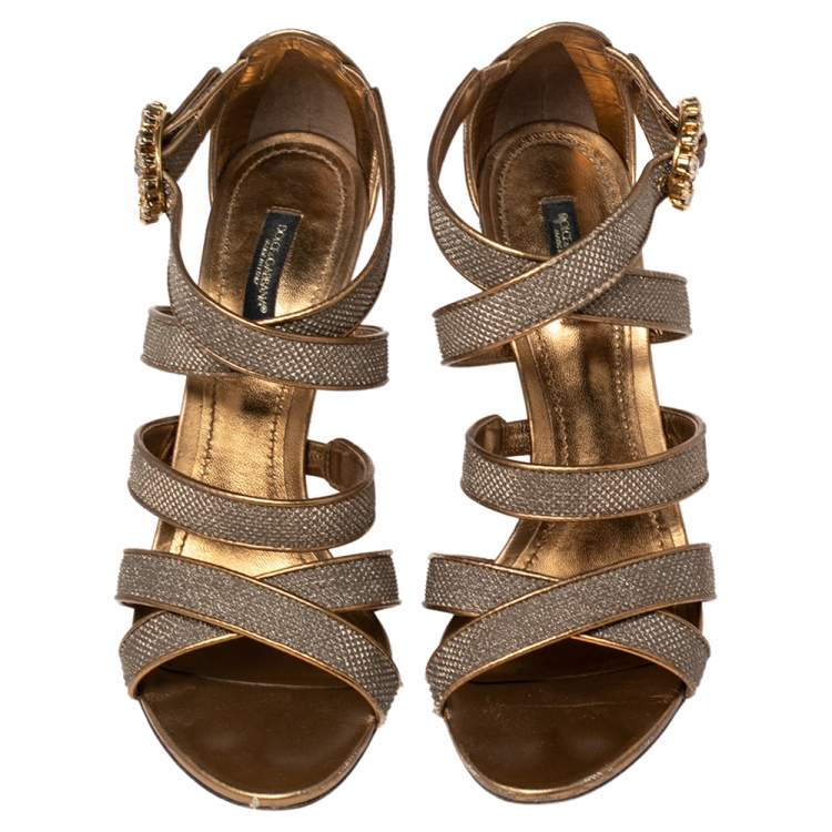 Pre Owned Dolce & Gabbana Metallic Gold Glitter And Leather Strappy Sandals Size 40.5