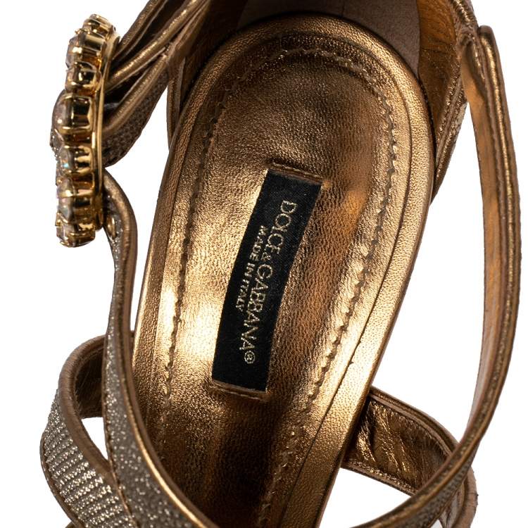 Pre Owned Dolce & Gabbana Metallic Gold Glitter And Leather Strappy Sandals Size 40.5