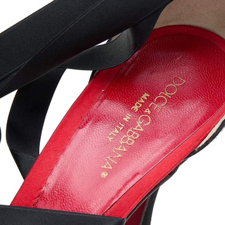 Pre Owned Dolce & Gabbana Black Snakeskin and Satin Ankle Wrap Sandals Size 38.5