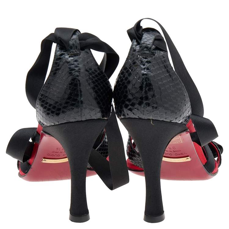 Pre Owned Dolce & Gabbana Black Snakeskin and Satin Ankle Wrap Sandals Size 38.5