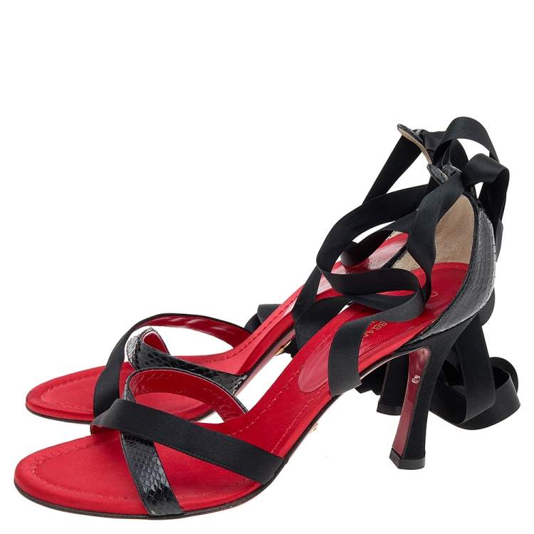 Pre Owned Dolce & Gabbana Black Snakeskin and Satin Ankle Wrap Sandals Size 38.5