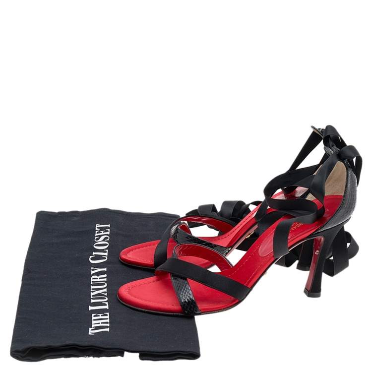 Pre Owned Dolce & Gabbana Black Snakeskin and Satin Ankle Wrap Sandals Size 38.5