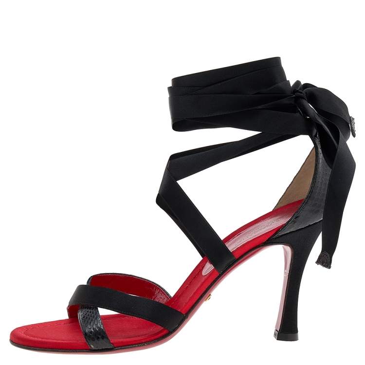Pre Owned Dolce & Gabbana Black Snakeskin and Satin Ankle Wrap Sandals Size 38.5