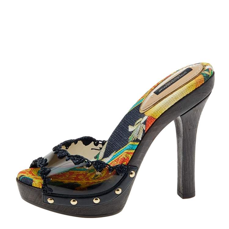 Pre Owned Dolce & Gabbana Black PVC And Straw Platform Slide Sandals Size 36