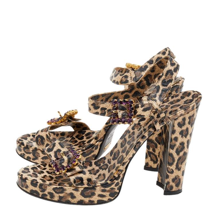 Pre Owned Dolce & Gabbana Beige/Brown Leopard Print Leather Embellished Ankle Strap Sandals Size 38.5