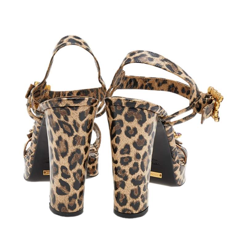 Pre Owned Dolce & Gabbana Beige/Brown Leopard Print Leather Embellished Ankle Strap Sandals Size 38.5