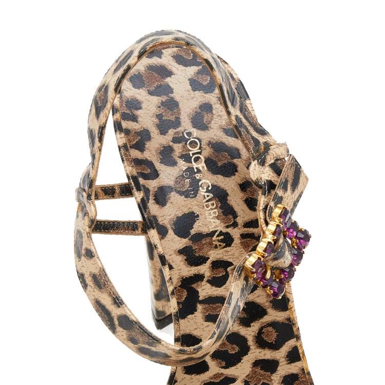 Pre Owned Dolce & Gabbana Beige/Brown Leopard Print Leather Embellished Ankle Strap Sandals Size 38.5