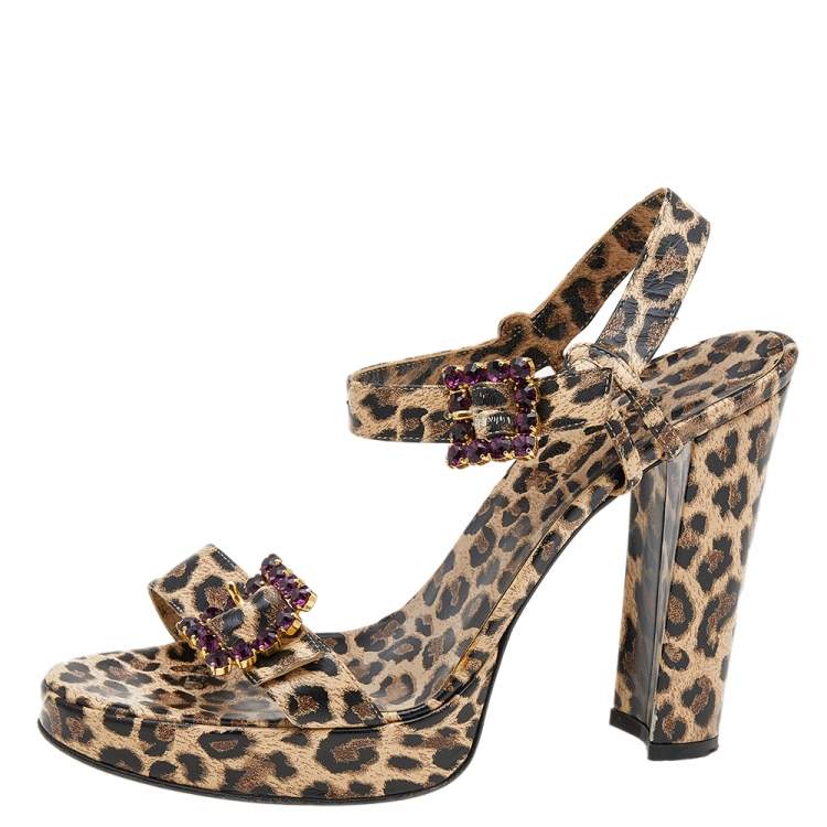 Pre Owned Dolce & Gabbana Beige/Brown Leopard Print Leather Embellished Ankle Strap Sandals Size 38.5