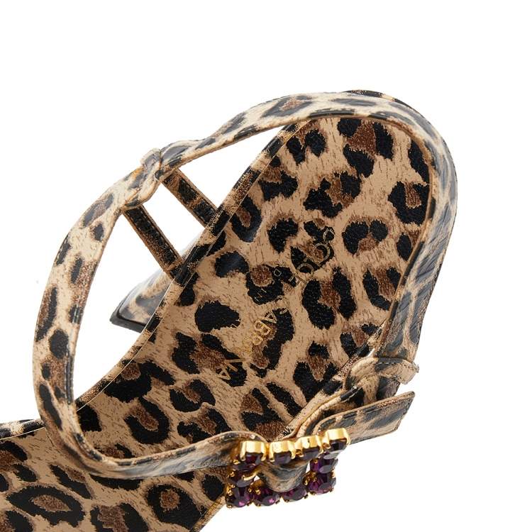 Pre Owned Dolce & Gabbana Beige/Brown Leopard Print Leather Embellished Ankle Strap Sandals Size 38.5