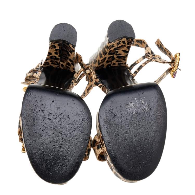 Pre Owned Dolce & Gabbana Beige/Brown Leopard Print Leather Embellished Ankle Strap Sandals Size 38.5