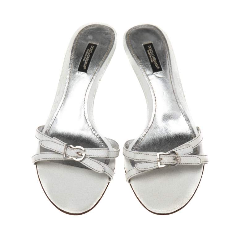 Pre Owned Dolce & Gabbana White Leather DG Buckle Slide Sandals Size 38